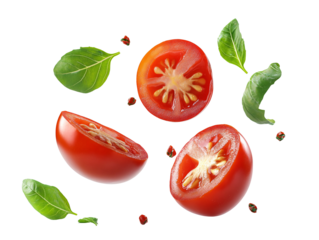 a tomato cut in half with leaves