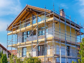 Exterior view of a new house in scaffolding under construction and painting.
