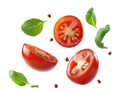 a tomato cut in half with leaves