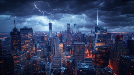 A Lightning Storm Over Illuminated Skyscrapers in a City