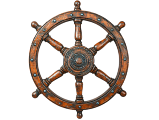 a wooden steering wheel with metal rivets