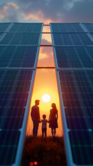 A family of three stands hand in hand, silhouetted against a stunning sunset framed by solar panels. This image is perfect for promoting renewable energy, family values, and sustainable living