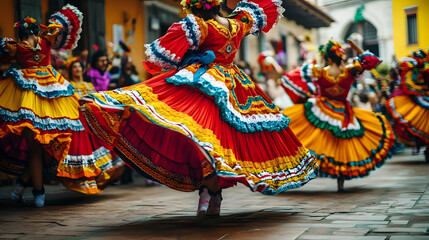 A group of dancers in colorful folkloric costumes captivates the audience with their energetic performance in a bustling town square during a cultural celebration