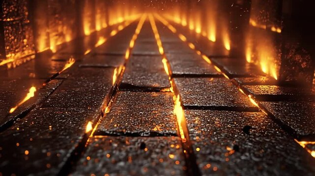 A fiery path of burning cobblestone leads to a mysterious destination. The flames flicker and dance in the darkness, creating a mesmerizing and somewhat ominous atmosphere.