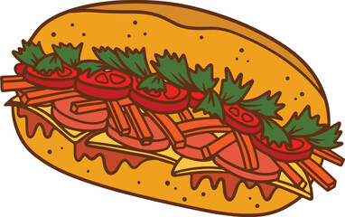 banh mi illustration with carrot tomato ham and cheese suitable for street food promotion