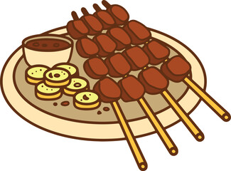 chicken satay illustration with rice cake and peanut sauce in white plate suitable for street food promotion