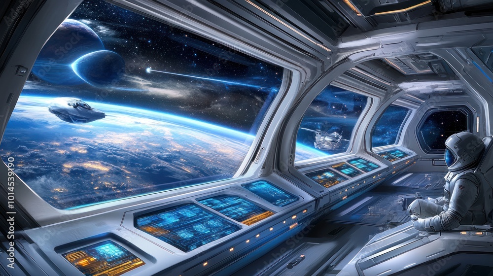 Poster astronaut gazing at earth and other planets from spaceship window
