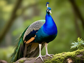 Obraz premium A colorful peacock standing gracefully on a mossy log in a serene forest setting during daylight hours
