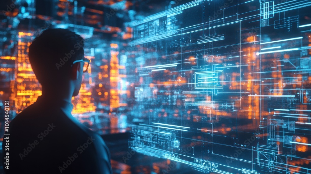 Poster silhouetted person observing digital interface with glowing lines and shapes