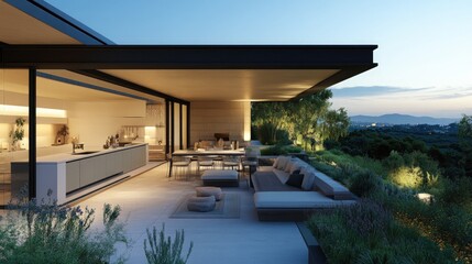 Fototapeta premium A modern interpretation of a Mediterranean terrace with a sleek outdoor kitchen