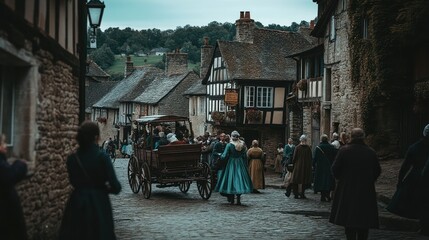 Fototapeta premium A Horse-Drawn Carriage Passing Through a Medieval Village Street