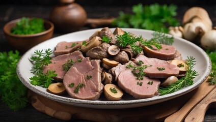 Boiled Beef Tongue with Mushrooms and Herbs 1