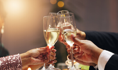 Hands, group and toast champagne at party in celebration, goals or connection for success in career...