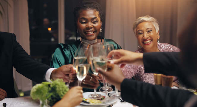 Business people, dinner and toast champagne at event in celebration, goal or diversity for success with smile at night. Team, drinks and alcohol for cheers, congratulations and new year party at gala