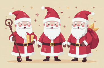 Cheerful St Nicholas Figures Holding Gifts and Saint's Staff, Celebrating Sinterklaas Holiday with Joyful Expressions, Christmas Tradition Concept