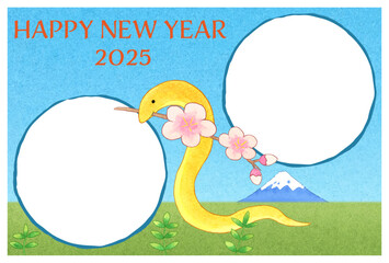 巳年年賀状フォトフレーム賀詞入り手描き風