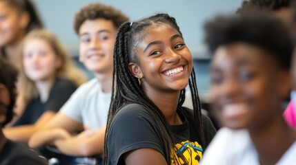 A diverse group of teenagers smiling and sitting in a classroom, ready to learn, the room filled with youthful energy and curiosity.