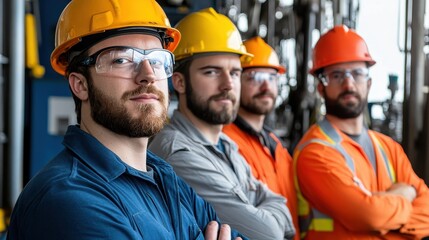 Four confident construction workers wearing safety helmets and gear, standing with arms crossed at a work site, symbolizing teamwork and professionalism.