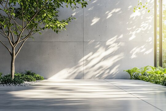 Modern home interior design with zen garden. Luxury home with empty concrete wall with sunlight, green tree and outdoor plants. 