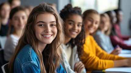 Fototapeta premium A group of smiling teenagers sitting together in a classroom, boys and girls working on projects, creating a lively, collaborative atmosphere.