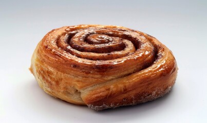 Freshly baked cinnamon roll, white background, 4K hyperrealistic photo