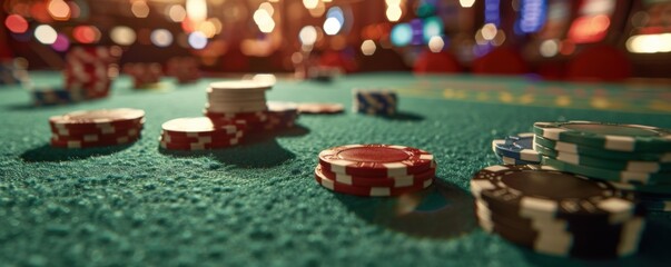 Poker chips spread across a green poker table, high detail, 4K hyperrealistic photo