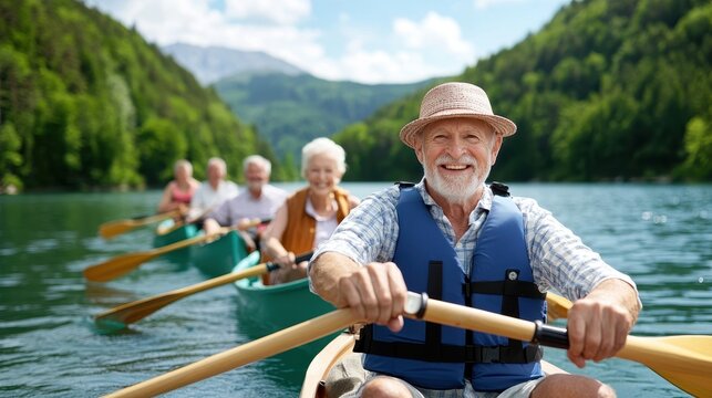 A group of smiling senior adults enjoying a canoeing adventure on a calm lake, surrounded by lush green mountains and nature.