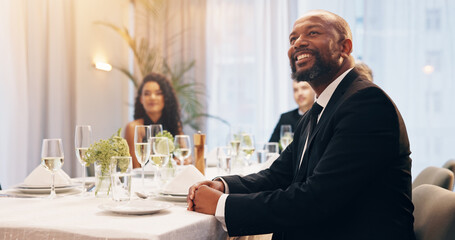 Alcohol, champagne and man at party for celebration, social event and gathering. Glass, luxury and men and women with liquor for speech, bubbles and drinks at gala, new years eve and business dinner