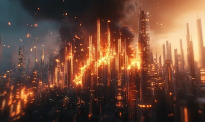 Burning skyscrapers in a cityscape at night.
