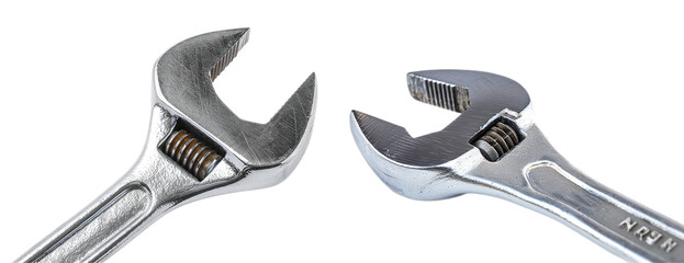 Two Adjustable Steel Wrenches Facing Each Other on White Background
