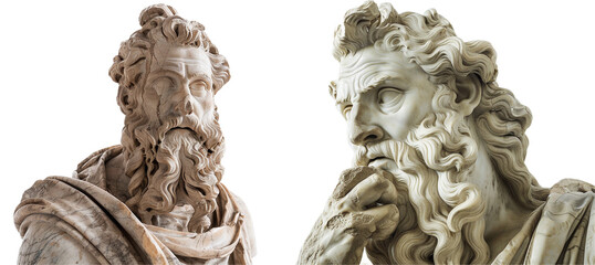 Naklejka premium Two Bearded Marble Statues Depicting Ancient Philosophers in Pensive Poses with Detailed Facial Expressions and Sculpted Robes