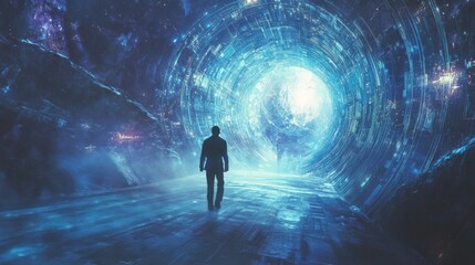 A lone figure walks towards a glowing portal in a futuristic landscape.