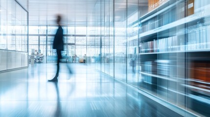 Fototapeta premium A blurred figure walks through a modern office space with shelves of books.