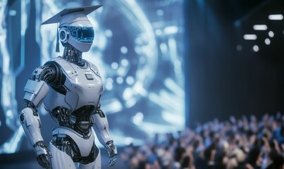 A robotic graduate stands before a crowd.