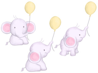 cute baby elephant sitting and holding a yellow balloon. perfect for kids birthday celebrate decoration