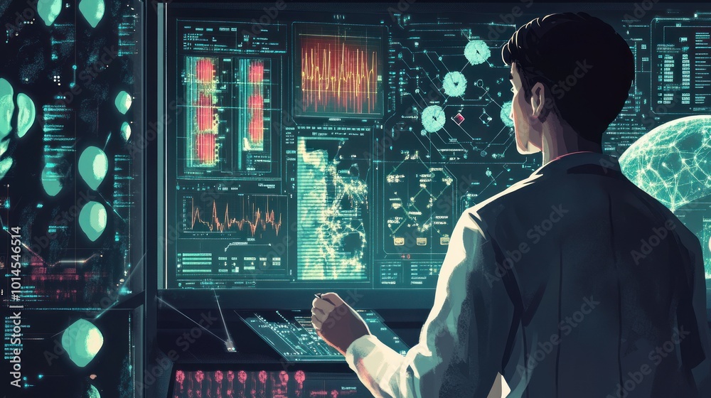 Aufkleber A Man Working on a Computer with Multiple Screens Displaying Data and Graphs