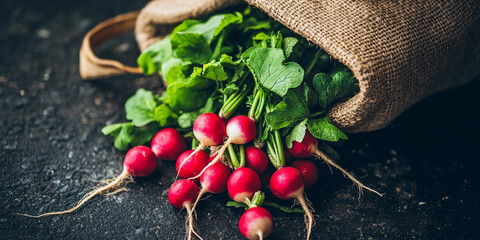  Fresh Radishes in Burlap Bag on Rustic Surface
