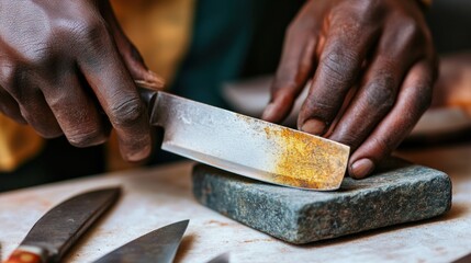 A person sharpens a knife on a stone, highlighting culinary preparation.