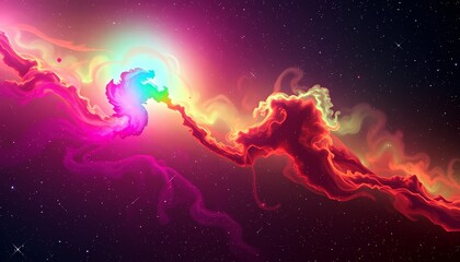 Naklejka premium Neon Green, Magenta, and Orange Nebula with Swirling Gas Patterns ,Cosmic Creation Scene