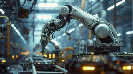 Fototapeta premium Robotic Arm in an Industrial Setting Performing a Task