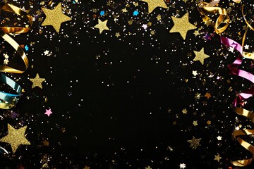 New Years Eve corner border banner of glittery gold stars, streamers, decorations and noisemakers. Top view on a black background. with generative ai