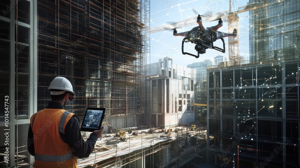 Poster construction worker using a drone and tablet for building inspection