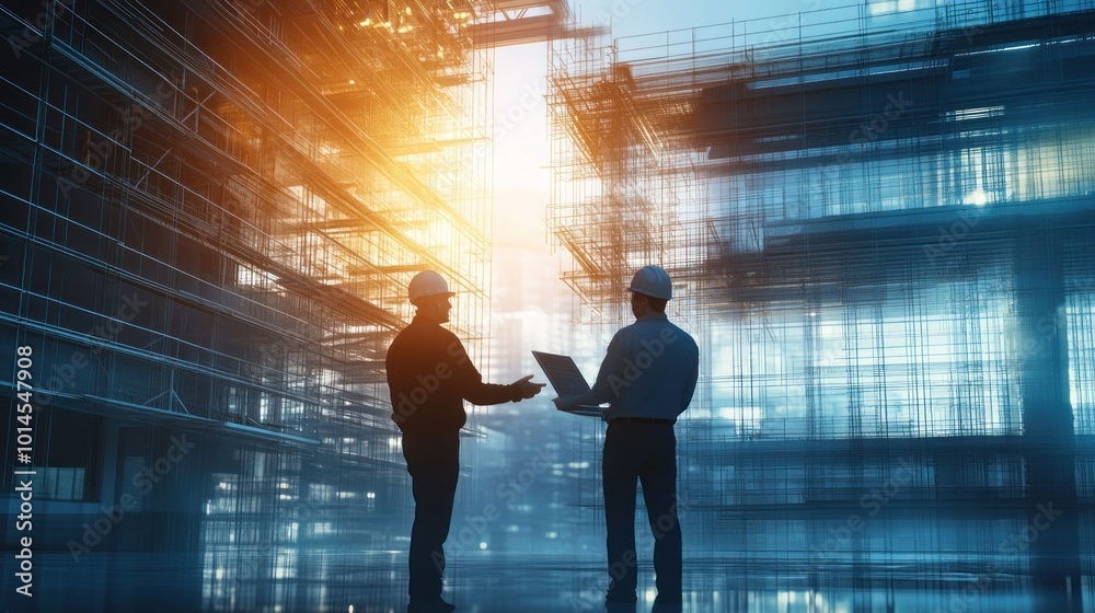 Poster Two Construction Workers Discussing Plans in Front of a Scaffolding-Covered Building