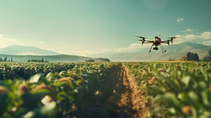 Fototapeta premium Red Drone Flying Over a Green Field of Crops with a Row in the Middle