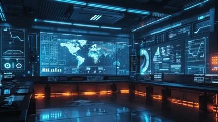 Fototapeta premium Futuristic Control Room with Multiple Screens Displaying Data and World Map