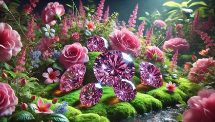 ピンク色の宝石と花々が描かれた幻想的なイラスト