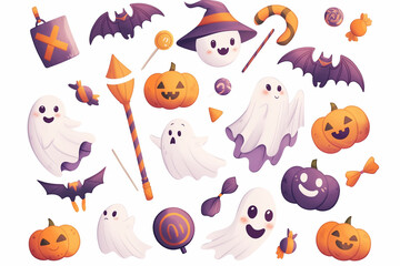 Halloween, white cute spooky cartoon labels in different poses, stickers, Halloween elements