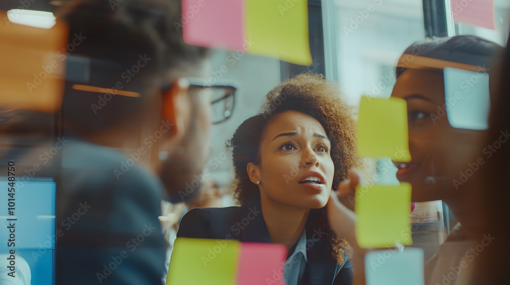 Wall mural Woman with curly hair discussing ideas with colleagues while looking at sticky notes on a glass wall