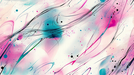 Pink, blue, and white abstract lines with splashes of black ink, seamless and repeating texture
