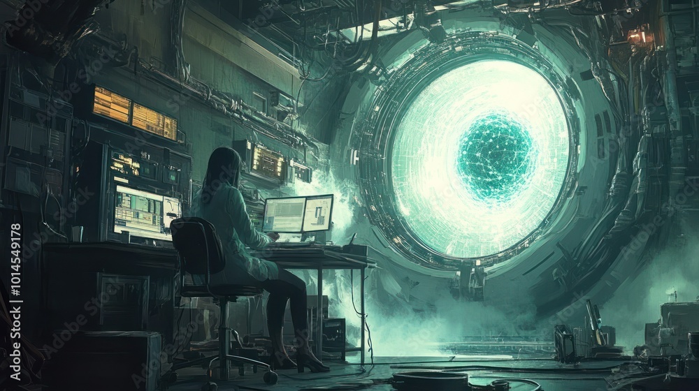 Poster woman working at a computer in a futuristic space station with a glowing portal